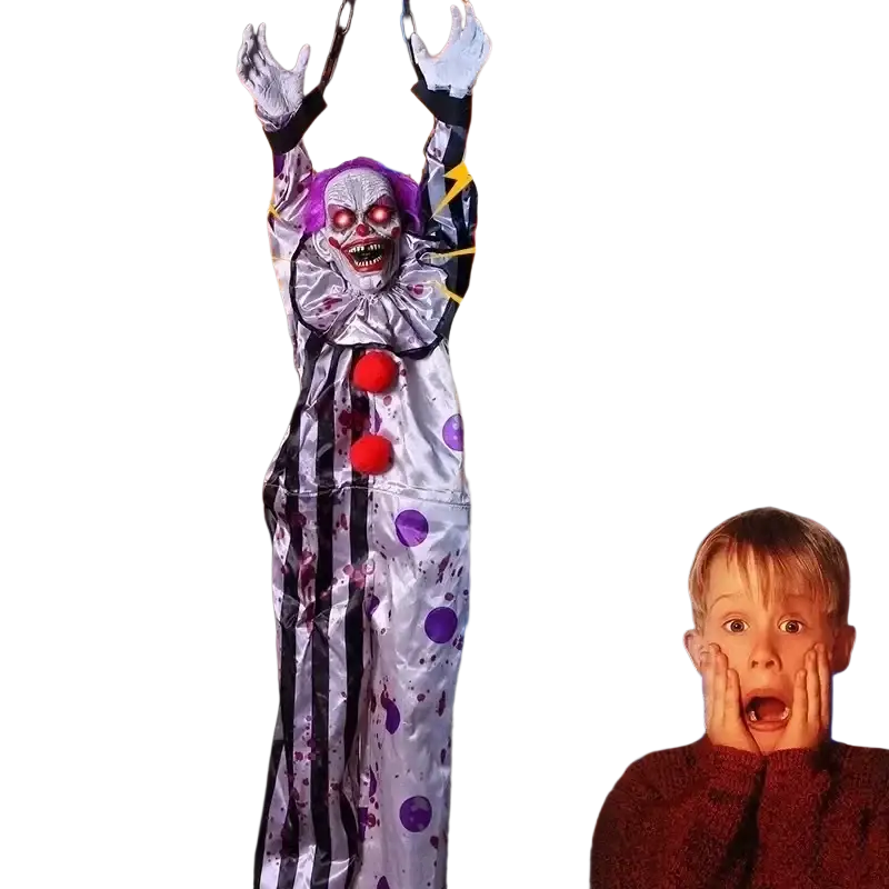 Hanging animated clown halloween prop with red glowing eyes in silver and purple polka dots with blood-like splatters