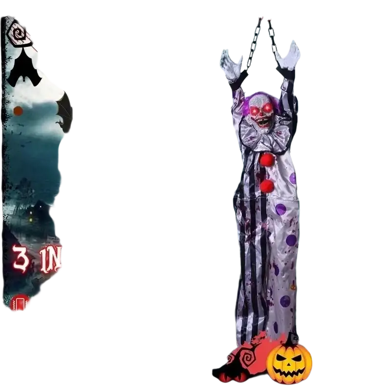 Hanging animated clown halloween prop with silver and black striped costume purple polka dots and glowing red eyes