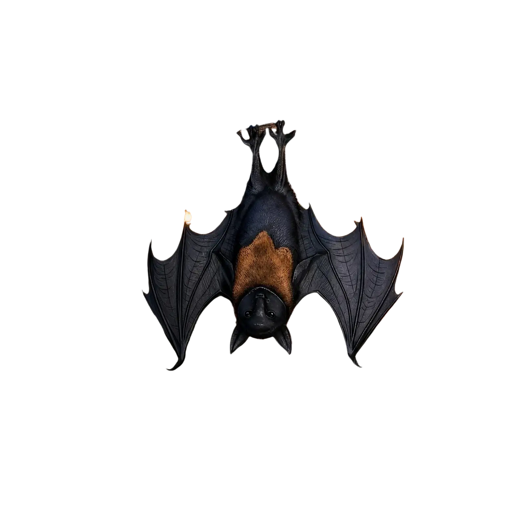 Black and brown hanging bat ornament made of fabric hanging from a tree branch for halloween decor