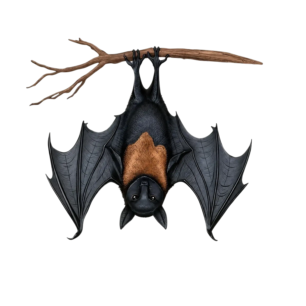 Black and brown hanging bat ornament with detailed wings made for halloween tree decor hanging from a branch