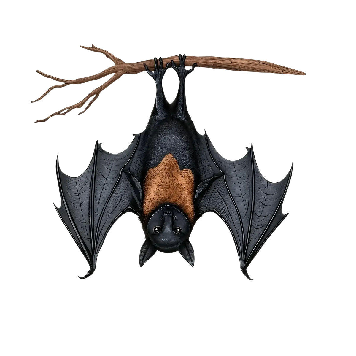 Black and brown hanging bat ornament with detailed wings made for halloween tree decor hanging from a branch