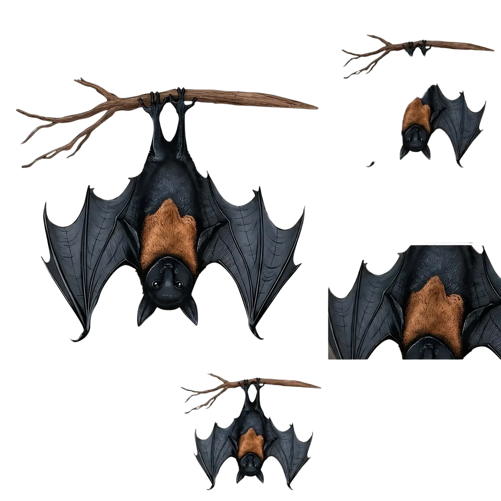 Black and brown bat hanging ornament with detailed wings and textured fur for halloween tree decor hanging from branch