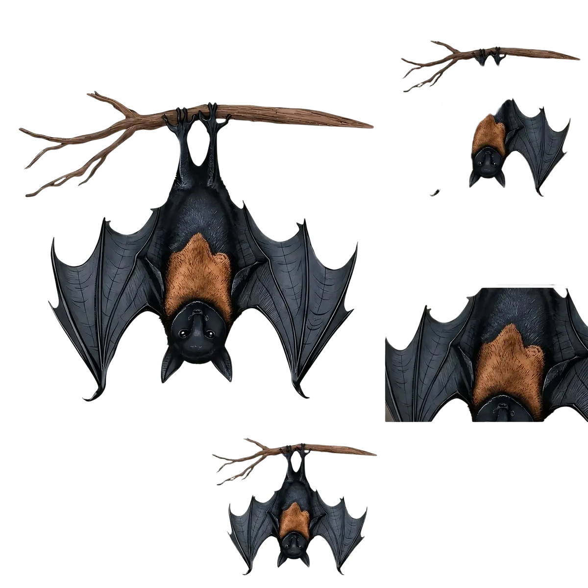 Black and brown bat hanging ornament with detailed wings and textured fur for halloween tree decor hanging from branch