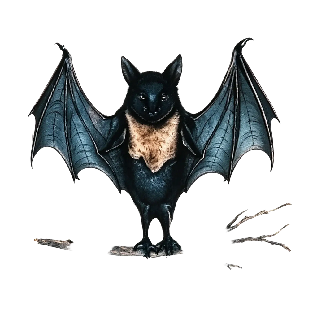 Detailed illustration of a black hanging ornament bat with outstretched wings and tan fur patch for halloween decor