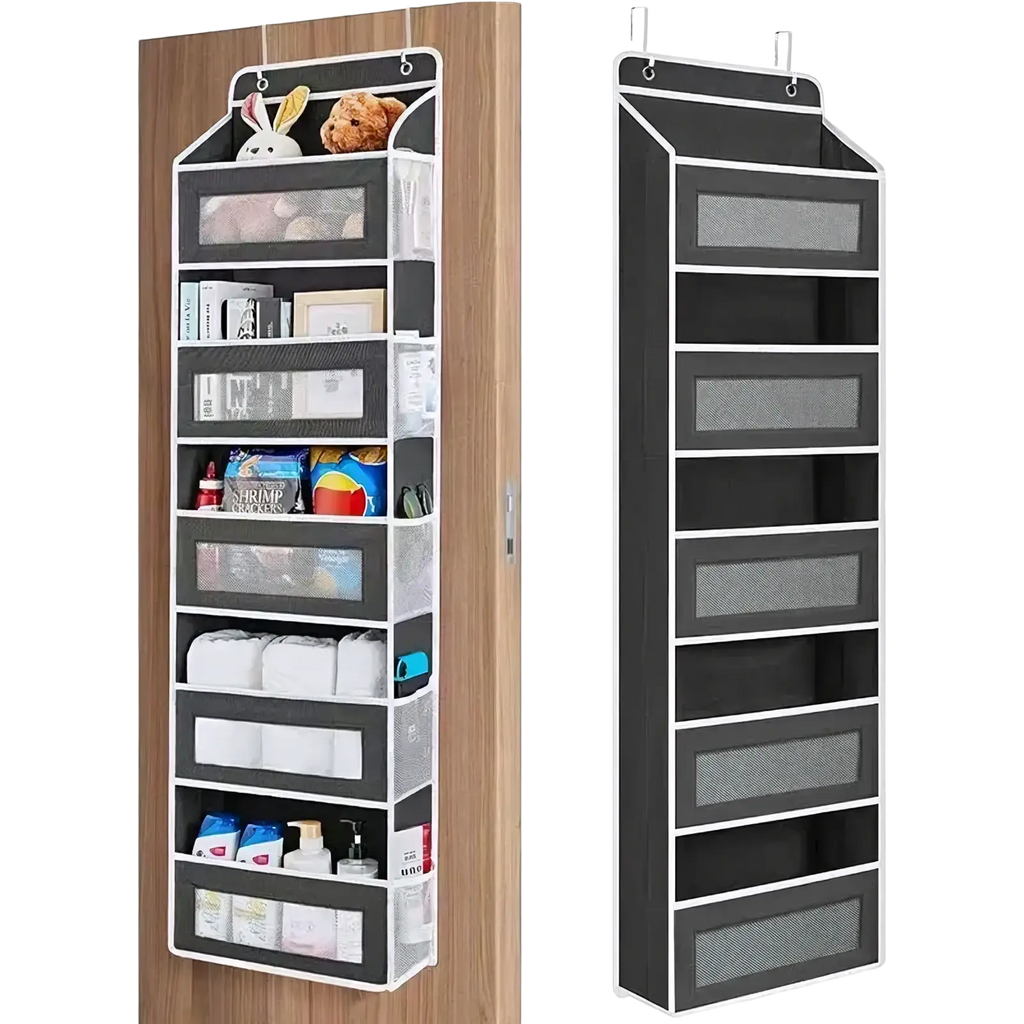 Black and white hanging door storage organizer with five mesh pockets for closet storage and organization