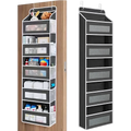 Black and white hanging door storage organizer with five mesh pockets for closet storage and organization