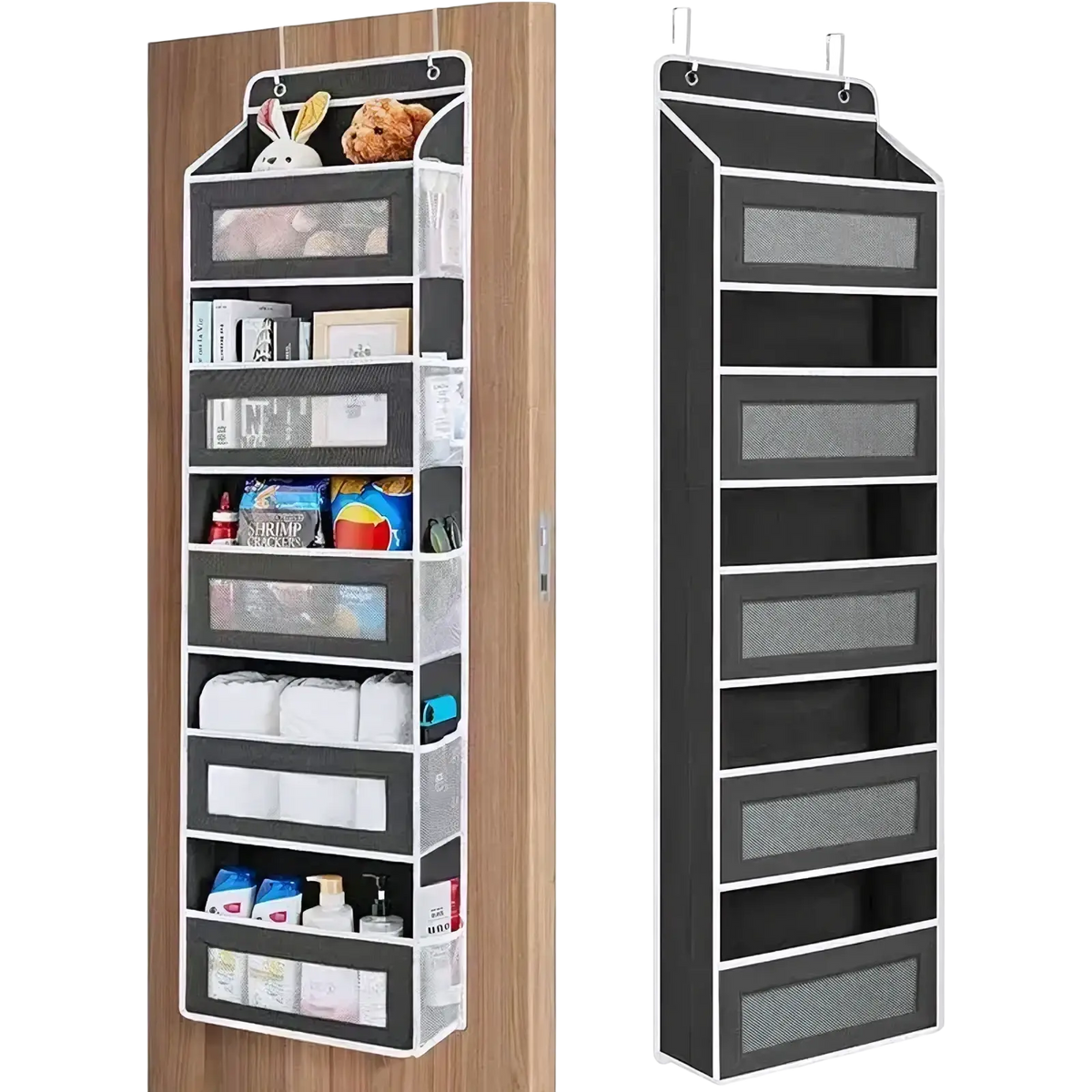Black and white hanging door storage organizer with five mesh pockets for closet storage and organization