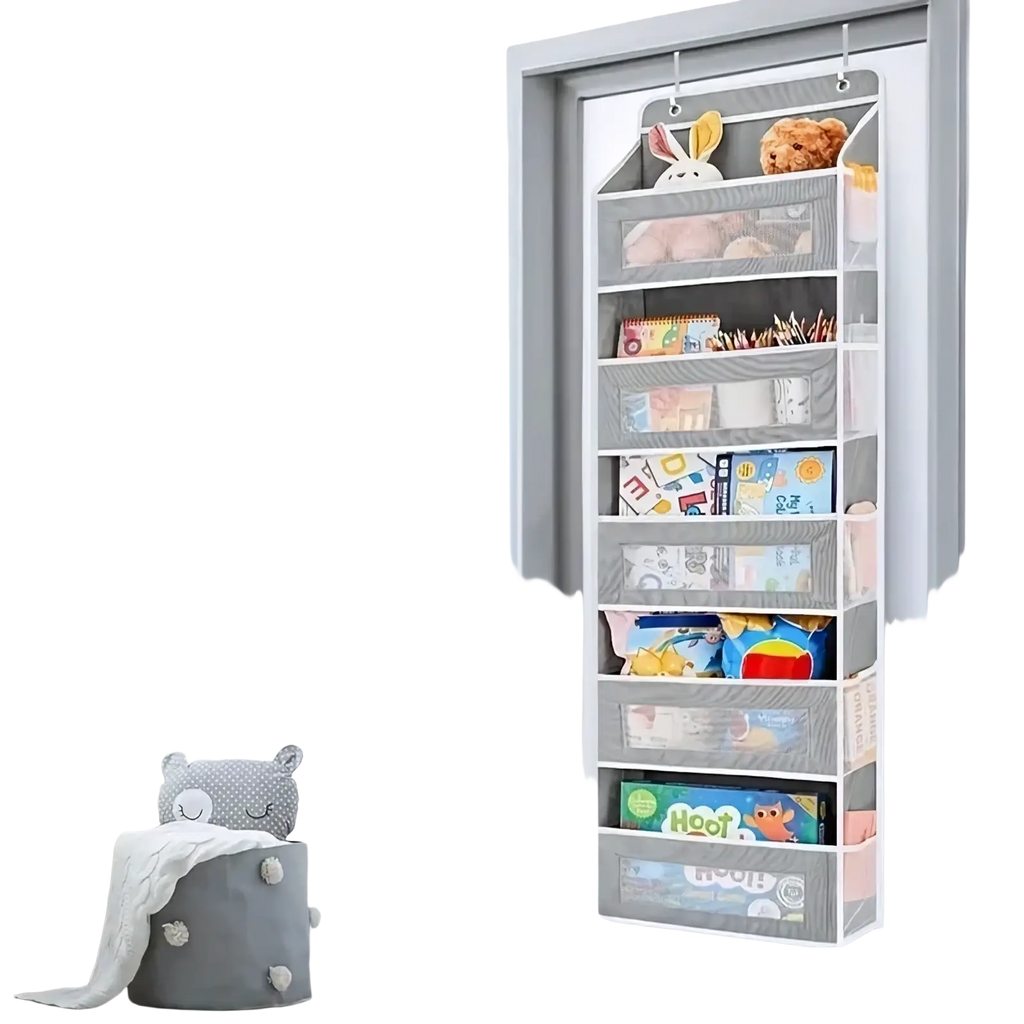 Gray mesh door-mounted hanging storage organizer with five transparent pockets holding toys and books