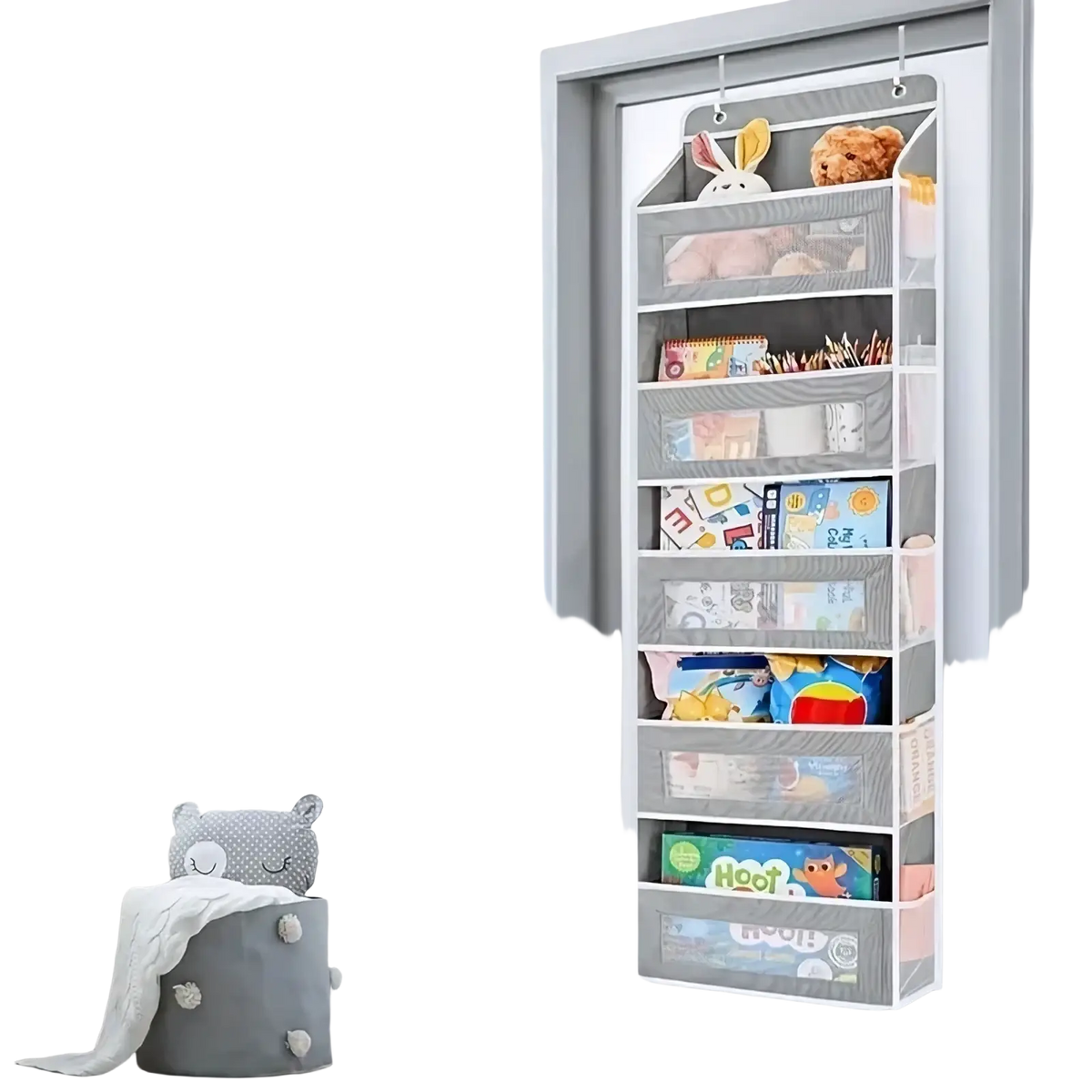 Gray mesh door-mounted hanging storage organizer with five transparent pockets holding toys and books