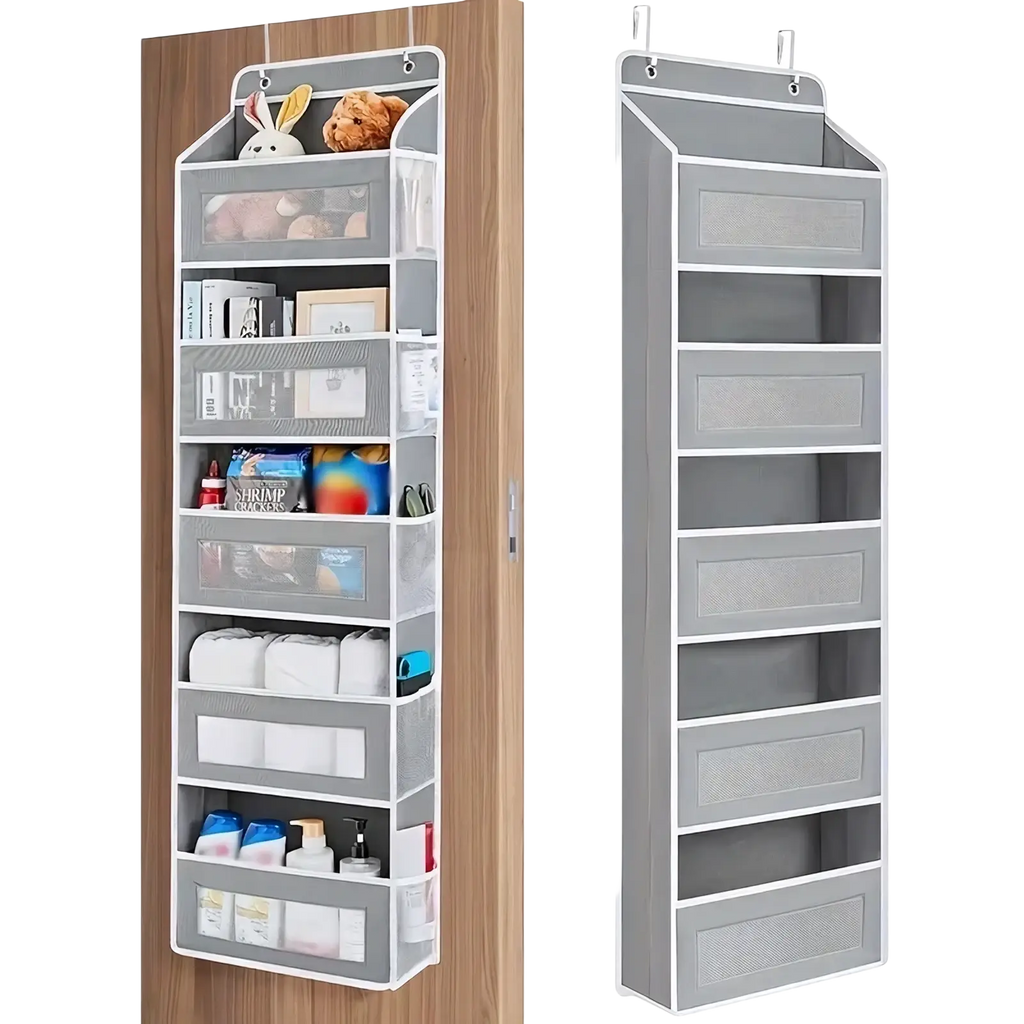 Gray mesh hanging door storage organizer with five clear front pockets and white trim for closet use