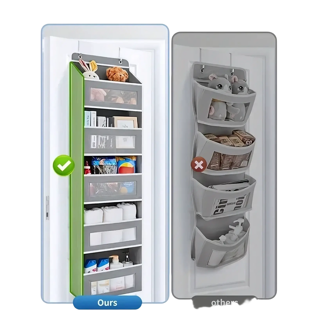 Green and gray multi-compartment hanging door storage organizer with clear plastic front panels and five pockets