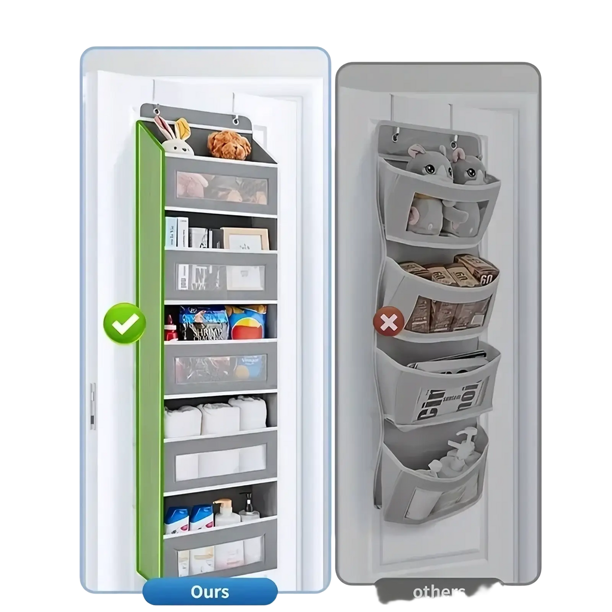 Green and gray multi-compartment hanging door storage organizer with clear plastic front panels and five pockets