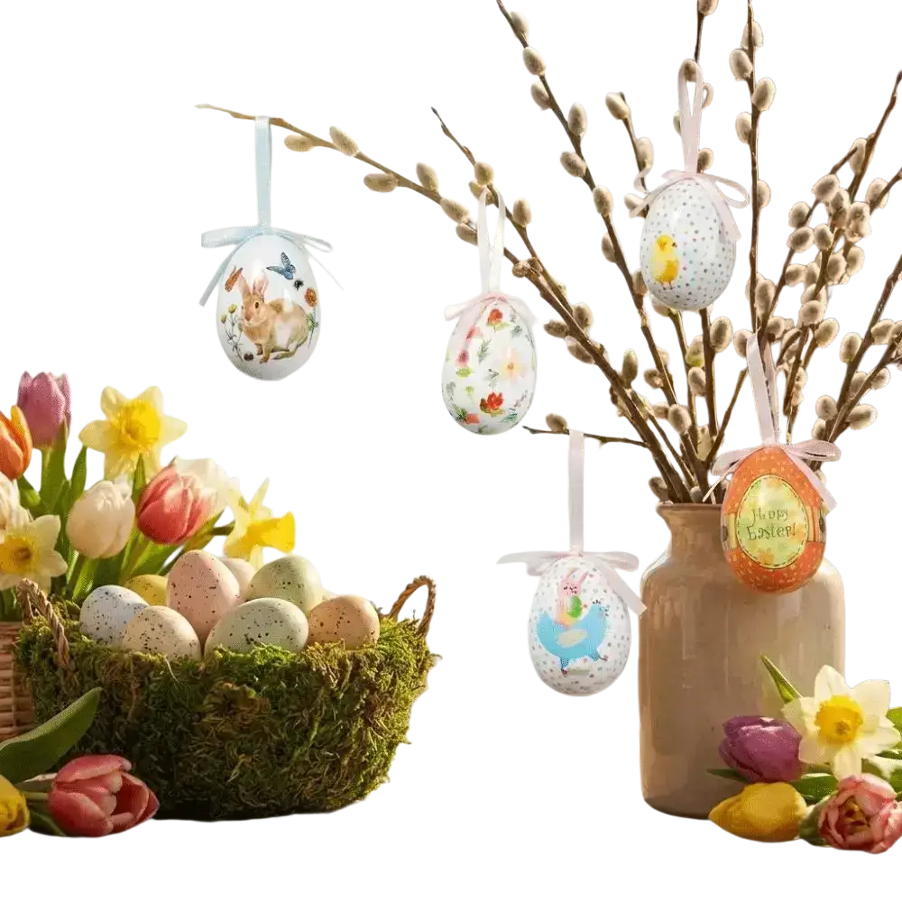 A collection of colorful foam easter eggs with floral patterns and characters for hanging spring decor