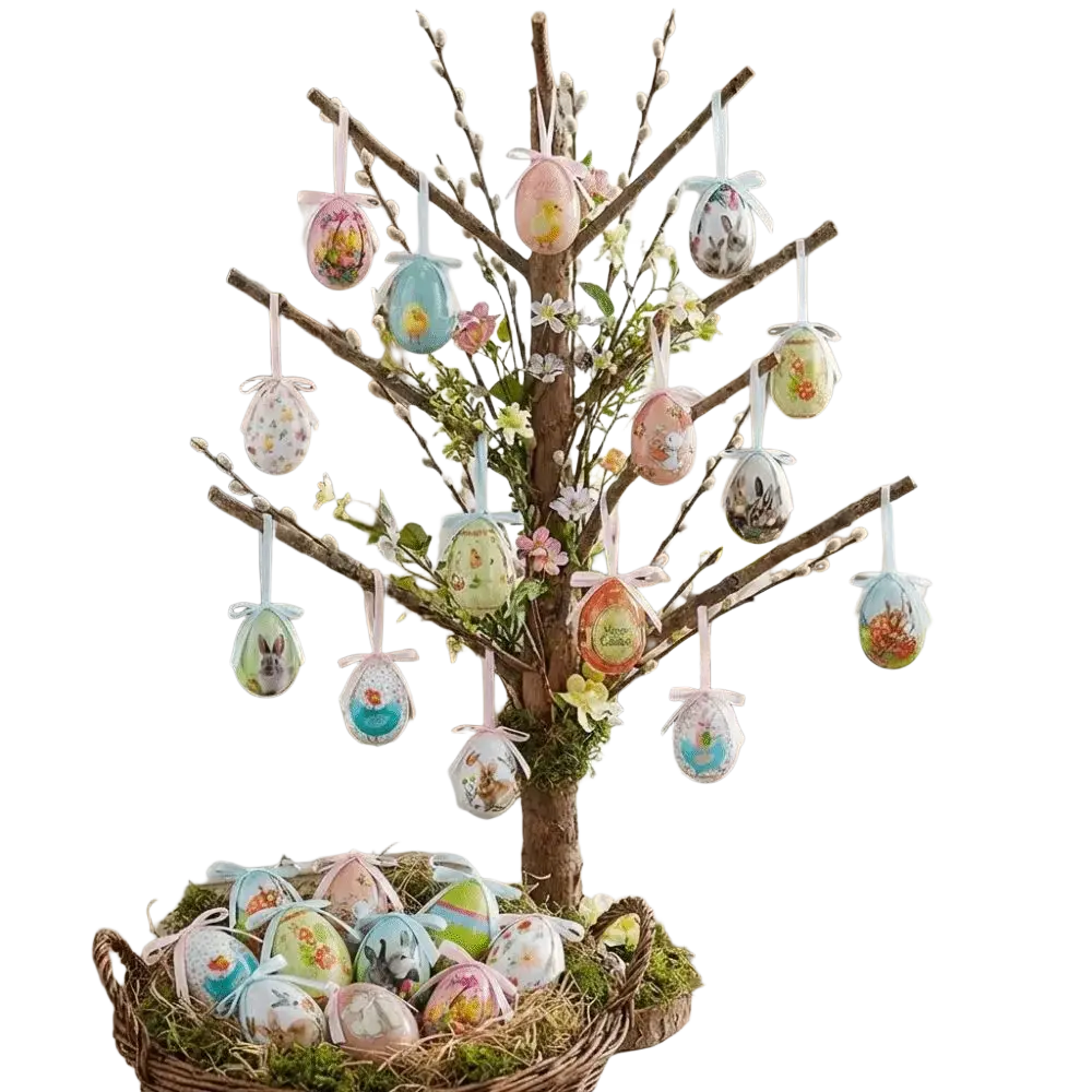 A decorative hanging foam easter eggs floral craft decor with painted eggs on a tree and a basket at the base