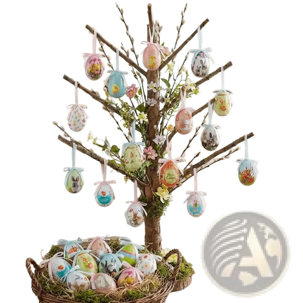 A decorative hanging foam easter eggs floral craft decor with painted eggs on a tree and a basket at the base