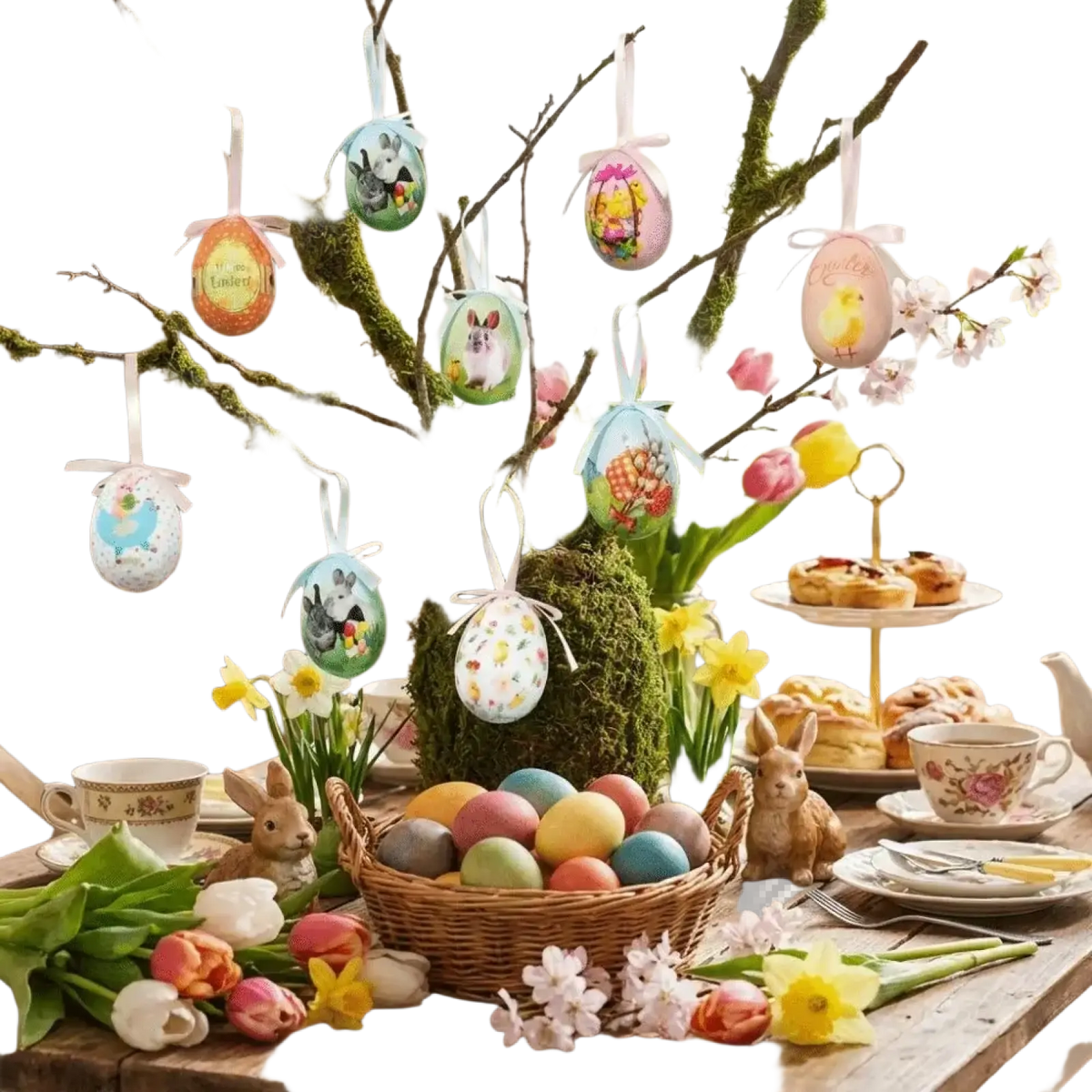 A moss-covered decorative easter tree with colorful hanging foam easter eggs floral craft decor ornaments