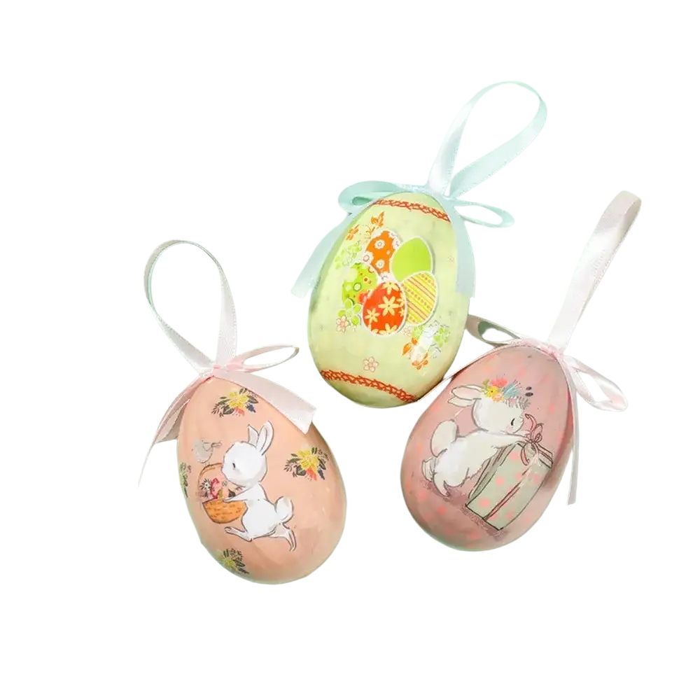 Pastel-colored hanging foam easter eggs with printed bunny and egg designs tied with satin ribbons for floral decor