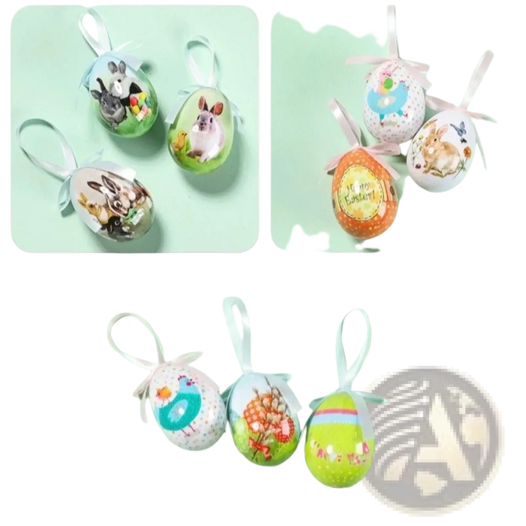 Hanging foam easter eggs decorated with colorful bunny and chick prints and satin ribbon loops for holiday decor