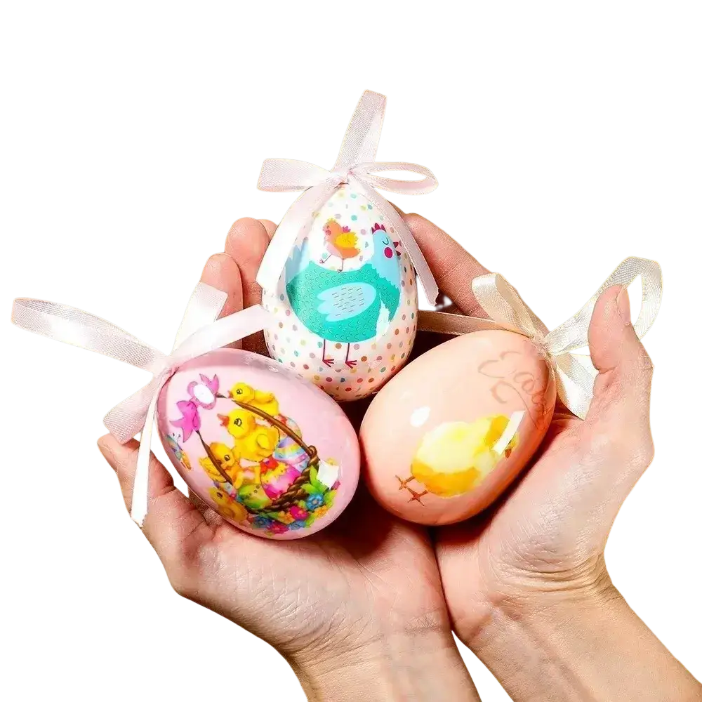 Three foam easter eggs with colorful chick illustrations and white ribbon hangers for floral craft decor