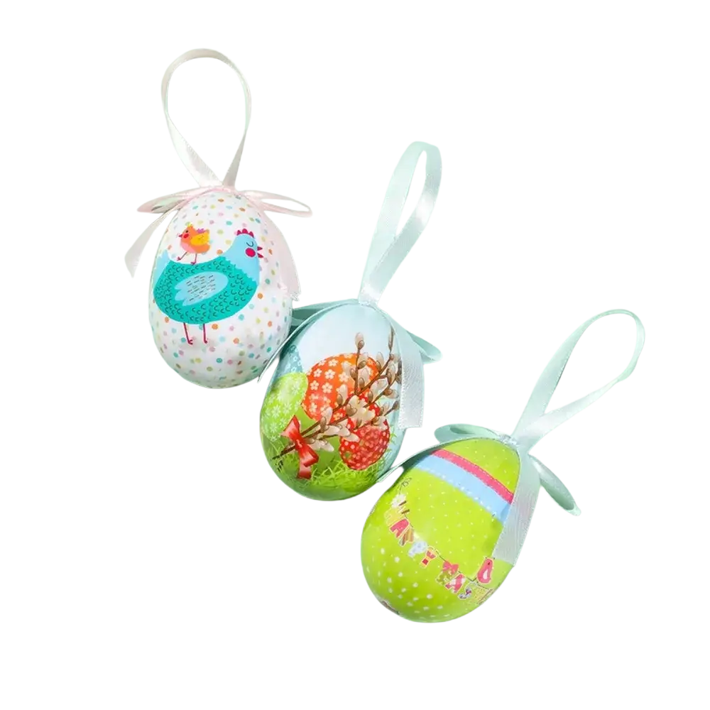 Three hanging foam easter eggs with colorful floral printed designs and satin ribbon decorations for craft decor