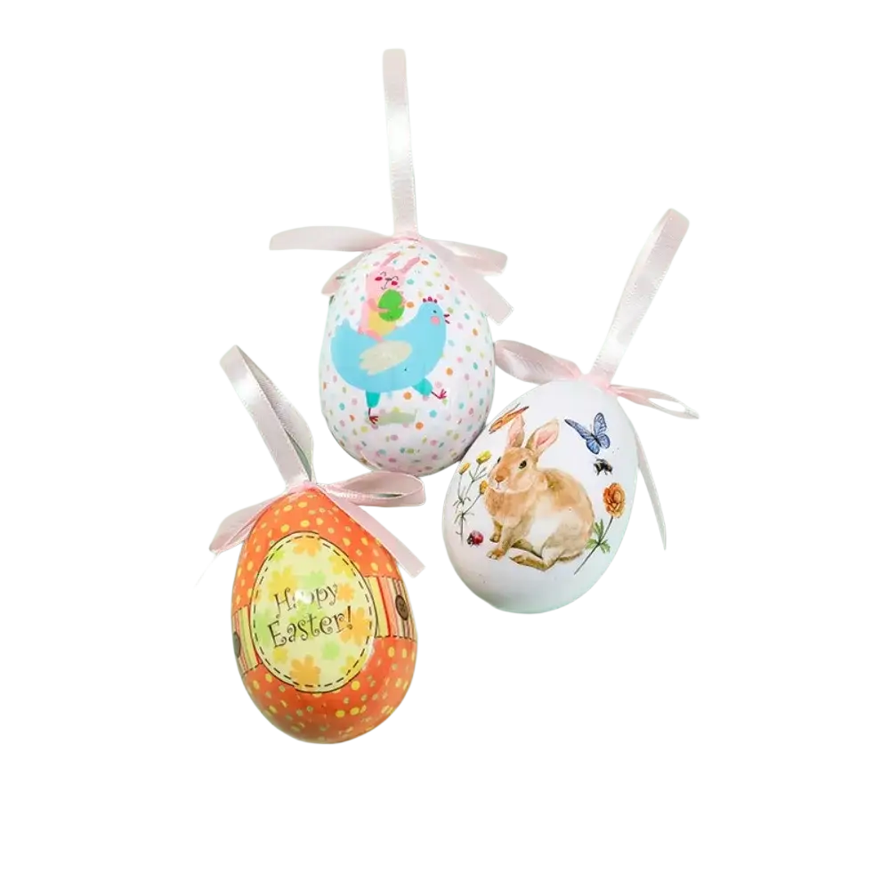 Three hanging foam easter egg ornaments featuring blue bird pink bunny brown rabbit floral and happy easter designs