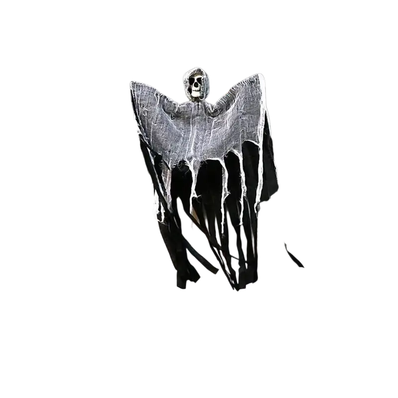 Black and white hanging ghost halloween decoration with tattered fabric wings and skull head for remote area display