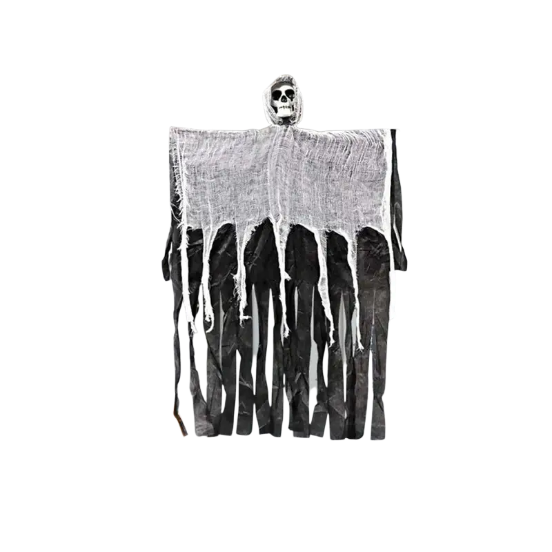 Hanging ghost halloween decoration with black and white fabric and skull head, ideal for remote area displays