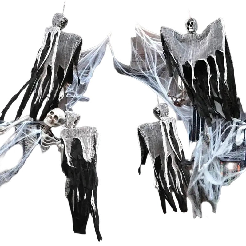 Ghoulish hanging ghost halloween decoration with skeletal figures in black and white fabric with cobwebs for remote area display