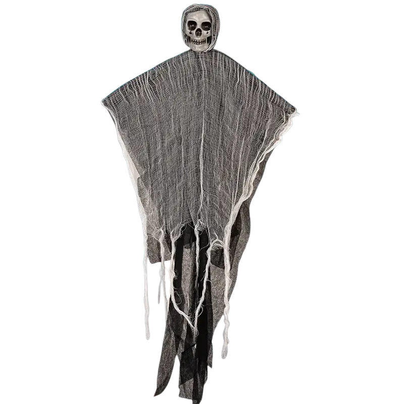 Hanging ghost halloween decoration with grayish-white skull head and tattered fabric body for remote area use