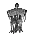 Hanging ghost halloween decoration featuring a spooky hooded skeleton with skull face and tattered fabric for remote area use