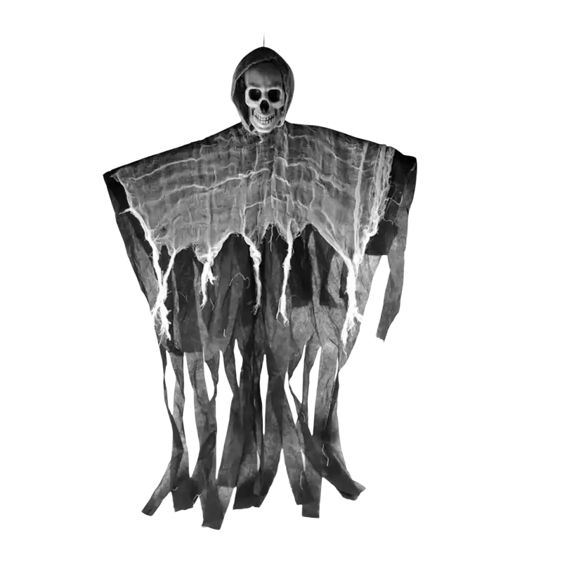 Hanging ghost halloween decoration featuring a spooky hooded skeleton with skull face and tattered fabric for remote area use