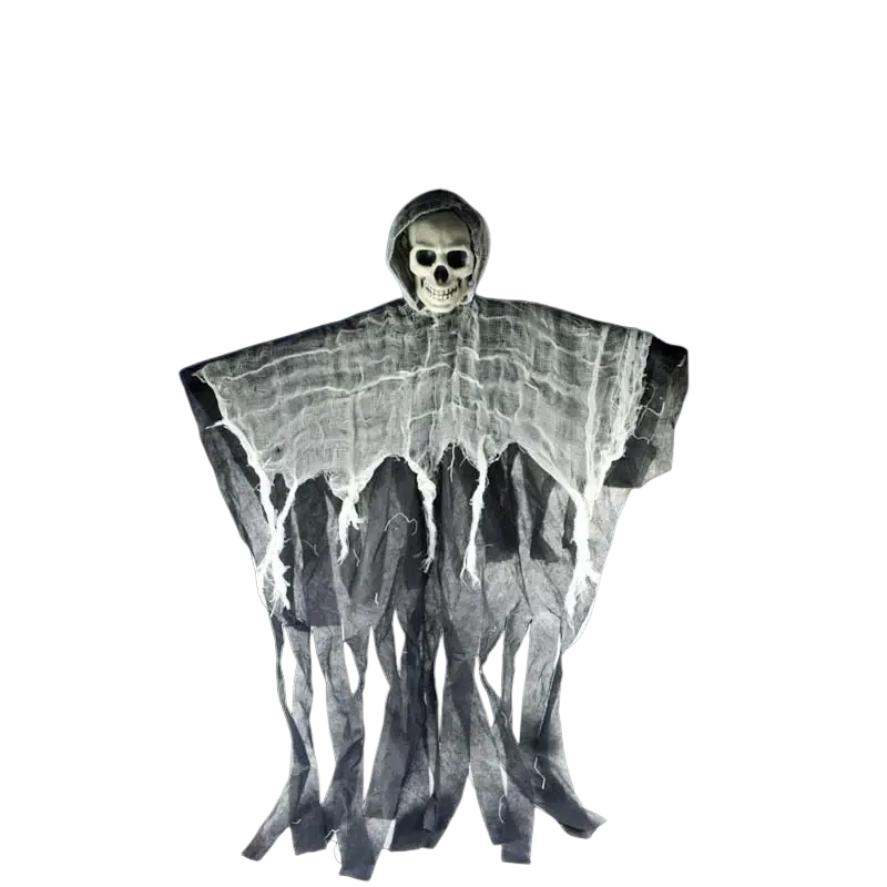 Hanging ghost halloween decoration featuring a translucent skull head with glowing eyes and flowing white fabric body for remote area use