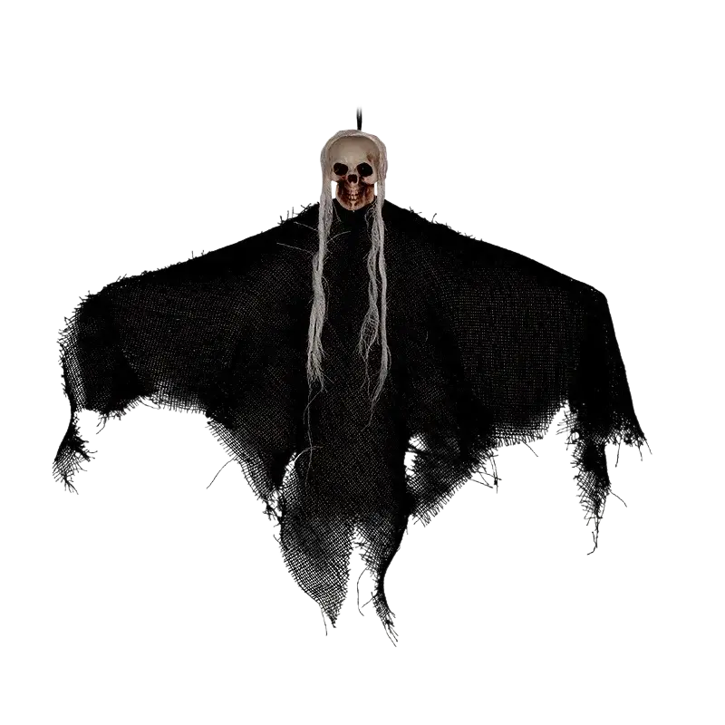 Black tattered fabric hanging ghost with skull head and long white hair halloween scary props for haunted house decor
