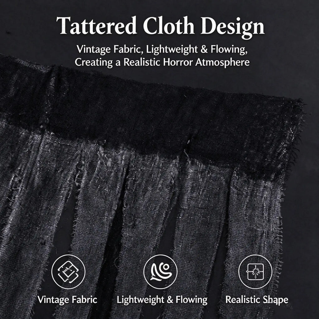 Black tattered cloth with vintage distressed texture and frayed edges for hanging ghost halloween scary props decor