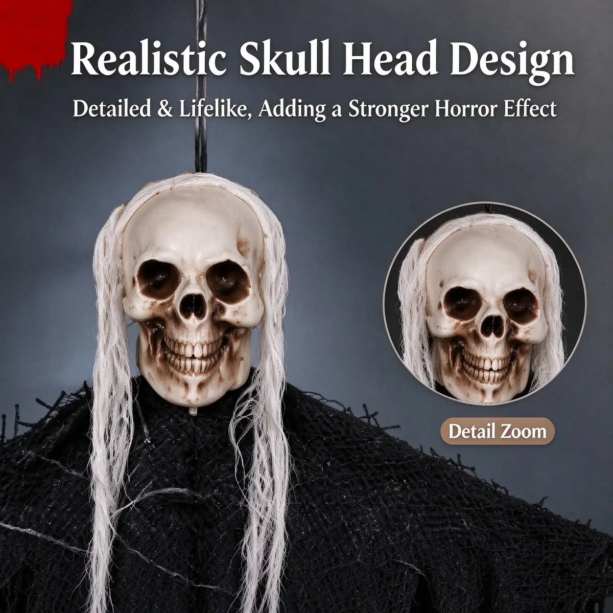 Realistic skull head hanging ghost with long white hair designed as halloween scary props for haunted house decor