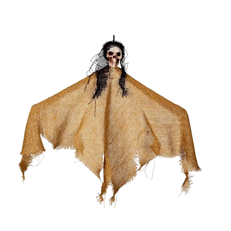 Hanging ghost halloween scary props featuring a skeleton figure in beige burlap cloak with black hair and painted skull face