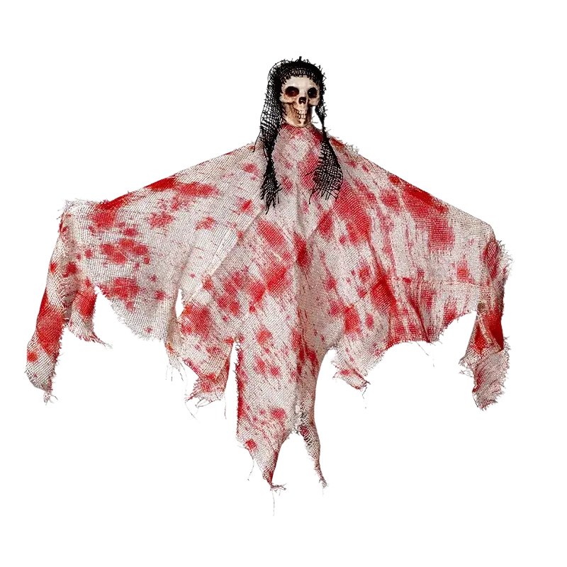 Hanging ghost halloween scary props featuring a skull with black braided hair and tattered white fabric with red stains