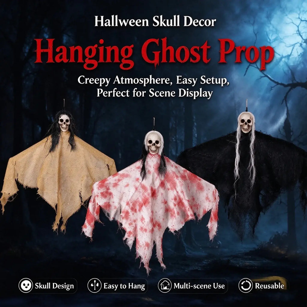 Three hanging ghost halloween scary props featuring skull heads with hair and tattered fabric in beige white and black