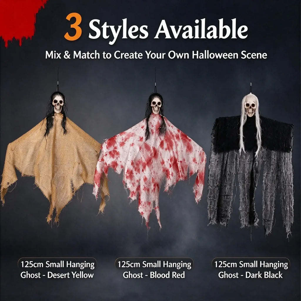 Three hanging ghost halloween scary props with skull faces and tattered robes in desert yellow blood red and black