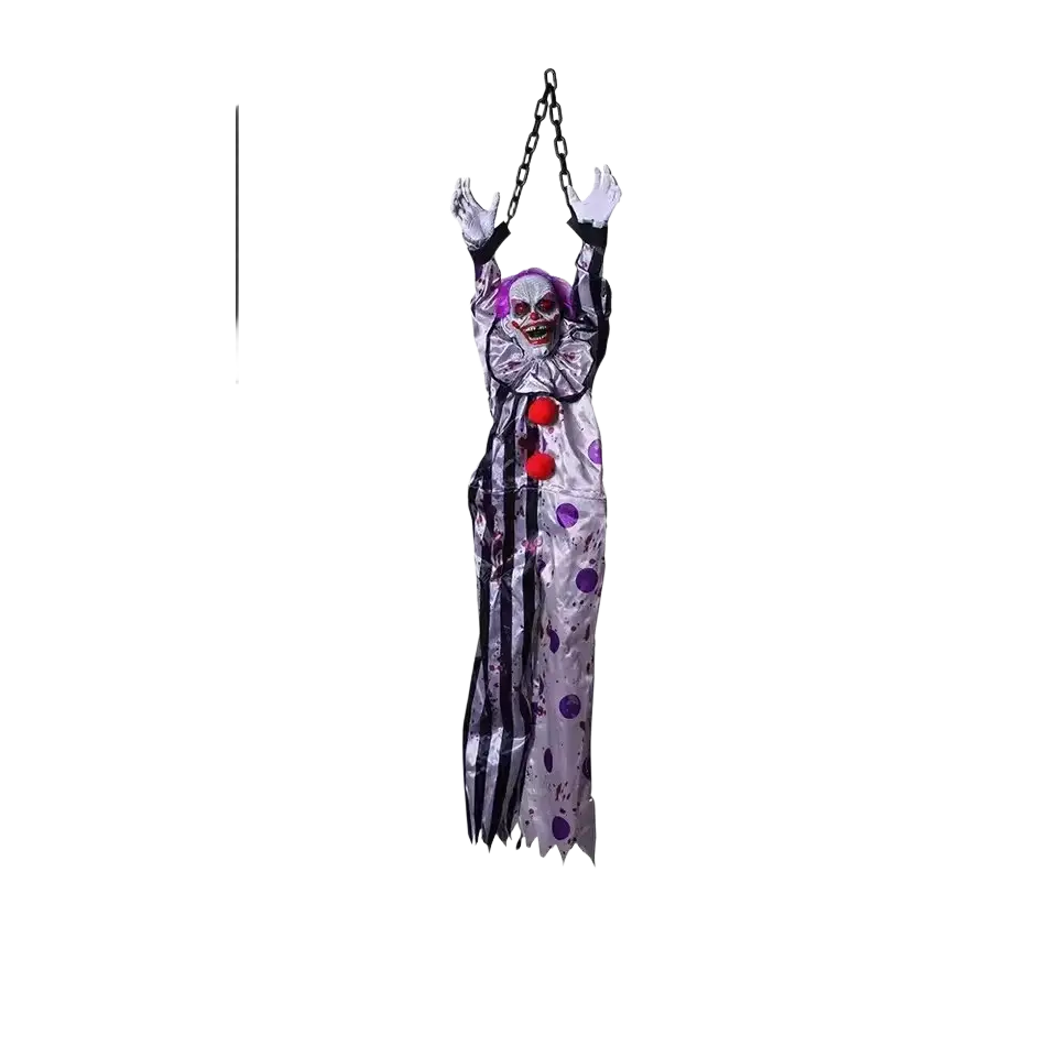 Hanging ghost voice control animated clown halloween prop with silver and purple polka-dotted costume and striped sleeves