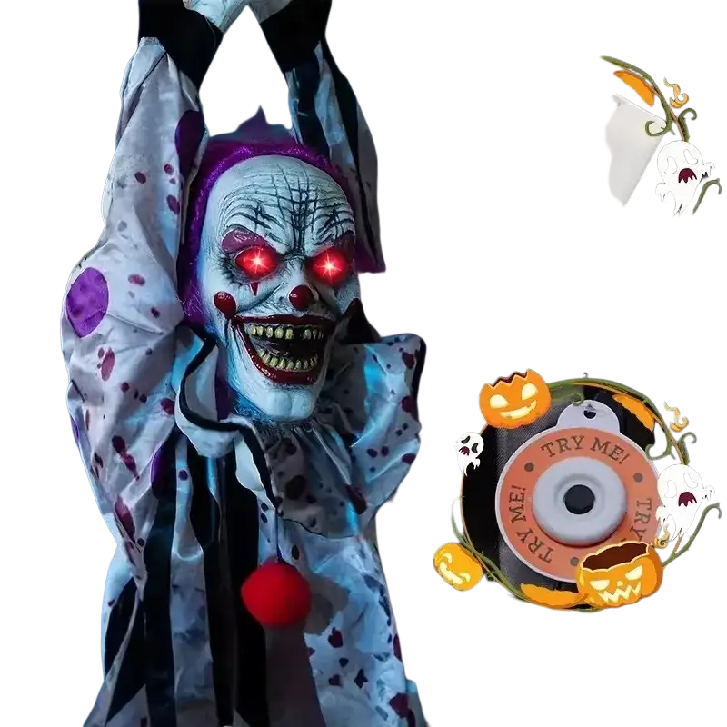 Hanging ghost voice control animated clown halloween prop with glowing red eyes purple hair and stained white outfit