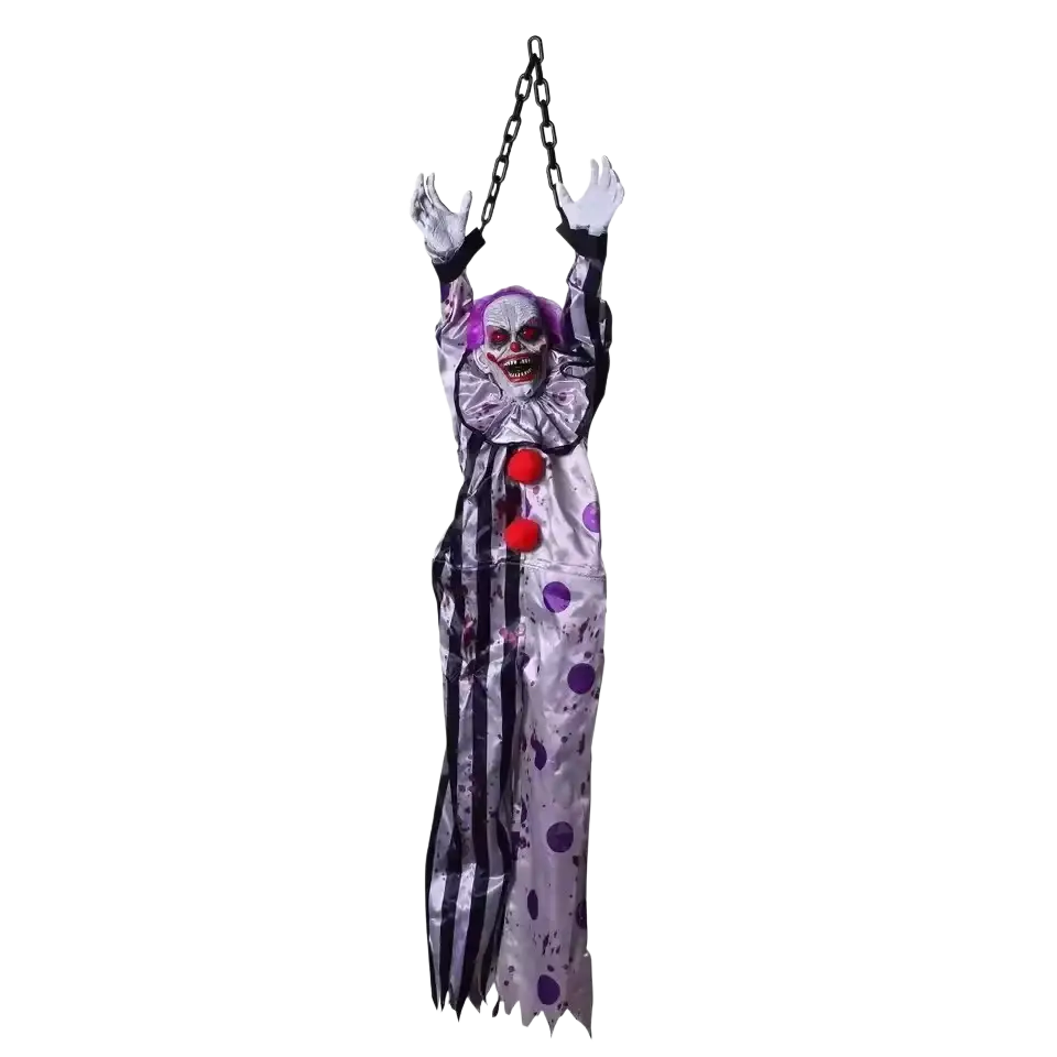 Purple and silver polka-dotted hanging ghost clown with red pom-poms featuring voice control for halloween decor