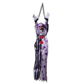 Purple and silver polka-dotted hanging ghost clown with red pom-poms featuring voice control for halloween decor
