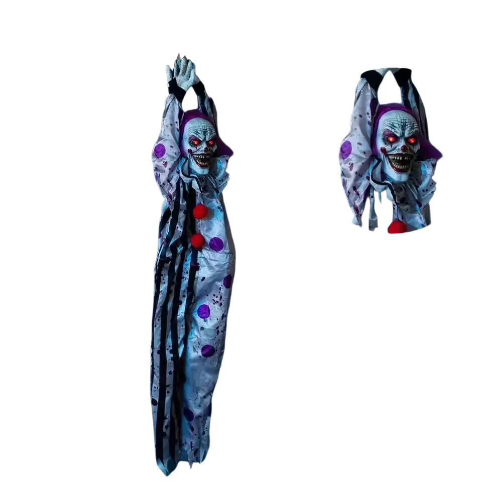 Hanging ghost voice control animated clown halloween prop with white and black polka dot costume and red glowing eyes