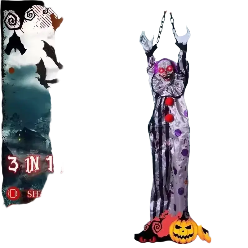 Hanging ghost voice control animated clown halloween prop with silver and black polka dot costume and red glowing eyes