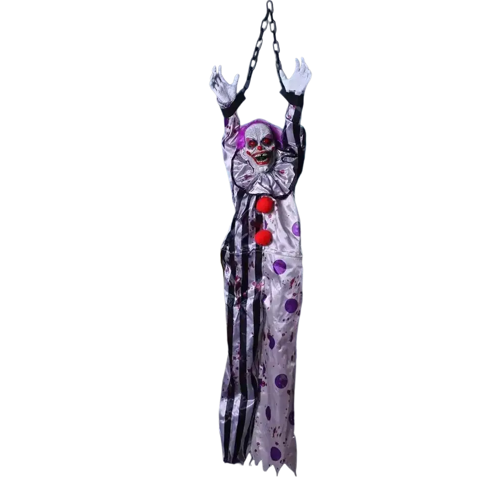A tall hanging ghost clown halloween prop with voice control in a white and black striped outfit with purple dots and red buttons