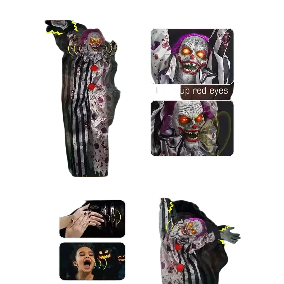 Hanging ghost voice control animated clown halloween prop with purple hair red nose and glowing orange eyes