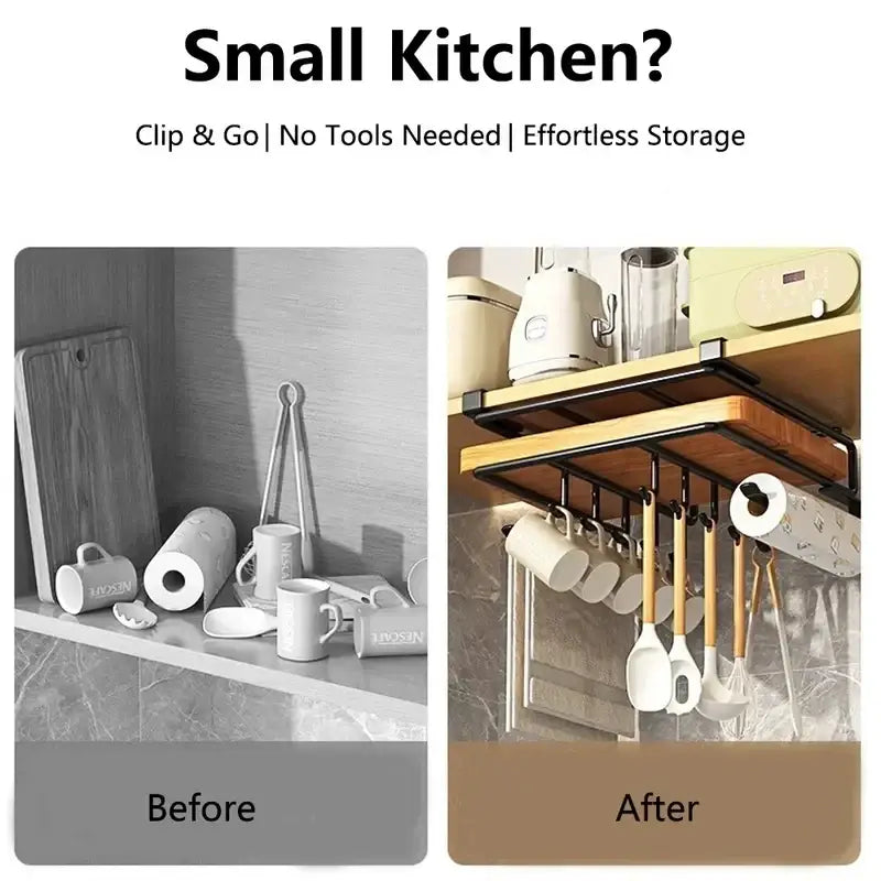 Black metal hanging kitchen organizer with wooden accents and hooks for pot lids cutting boards and utensils storage