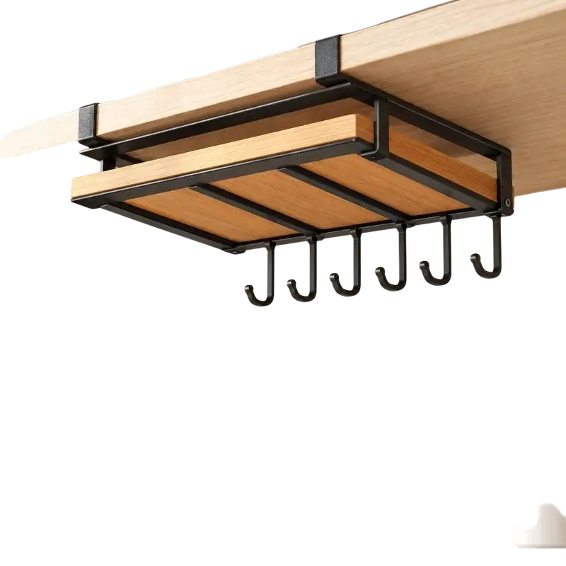 Black metal and light wood hanging kitchen organizer with multiple hooks for cutting boards and pot lids storage