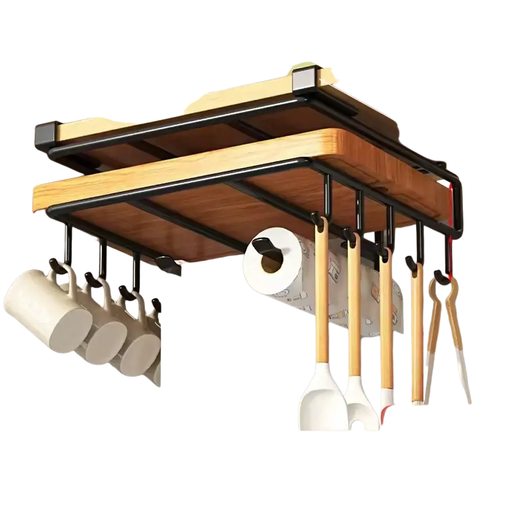 Black metal and wood hanging kitchen organizer with hooks for mugs spatulas paper towels and storage for pot lids and cutting boards